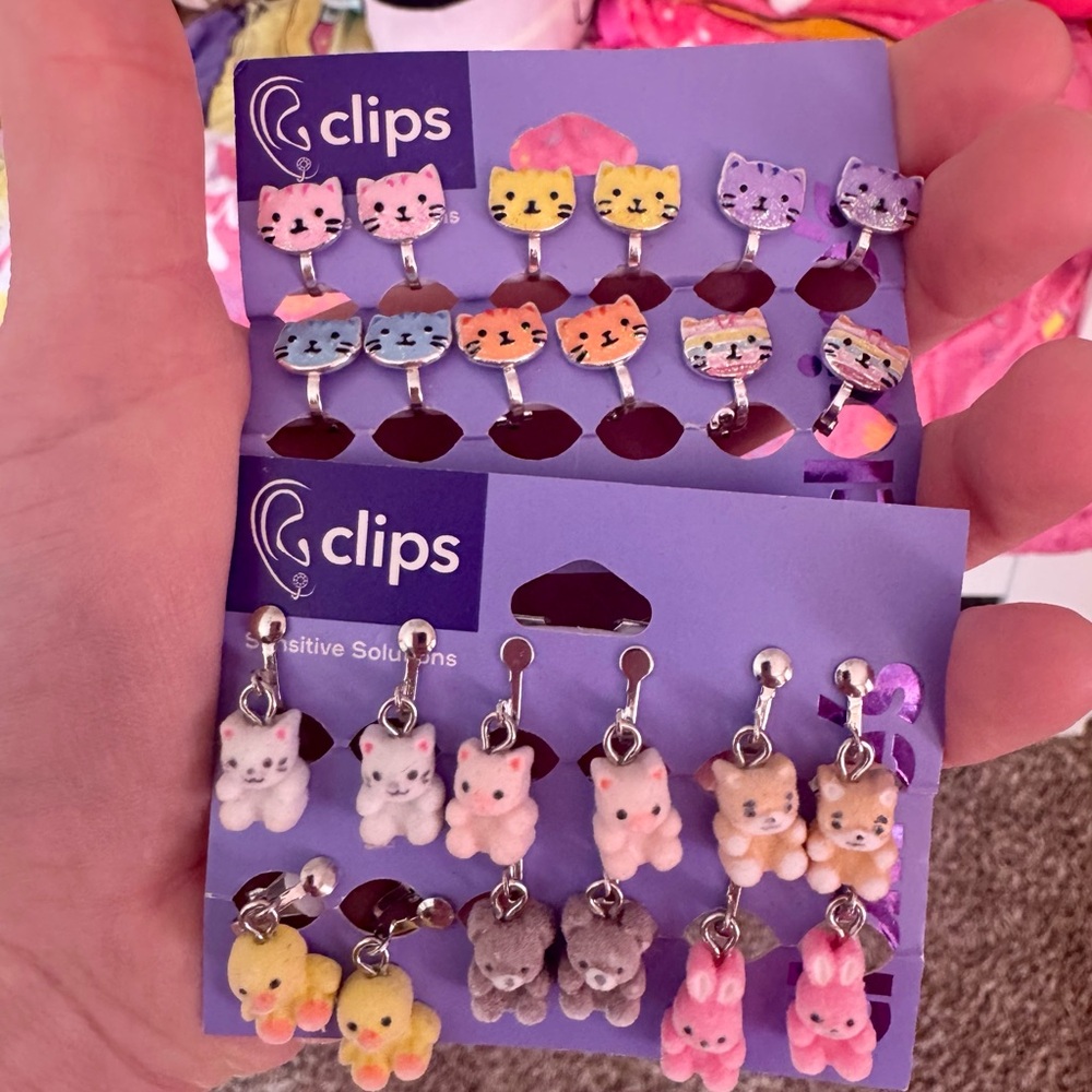 Claire's Cute Animal Clip-On Earrings Set - Pink, Yellow, Purple